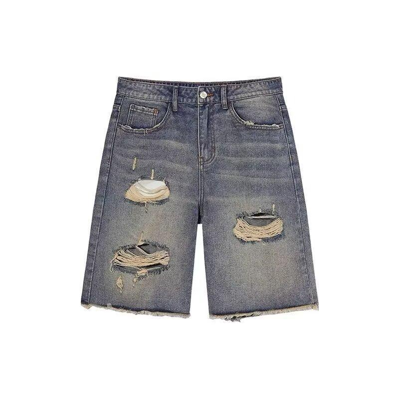 Women's High Waist Denim Shorts - Ripped Raw Edge, Slimming, Mid-Length Straight Leg Jeans Trend