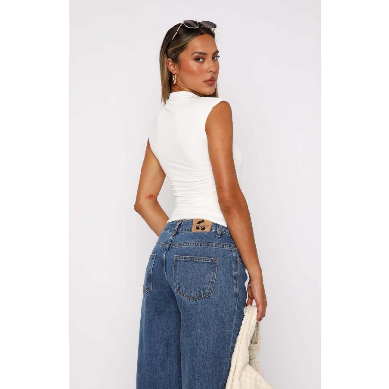 Women's Summer Half High Neck Solid Colour Pleated Slim Sleeveless Simple Comfort Top