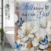 White Floral Butterfly Wood Grain Oil Painting Art Shower Curtain, Bathroom Decorative Shower Curtain, Waterproof Shower Curtain