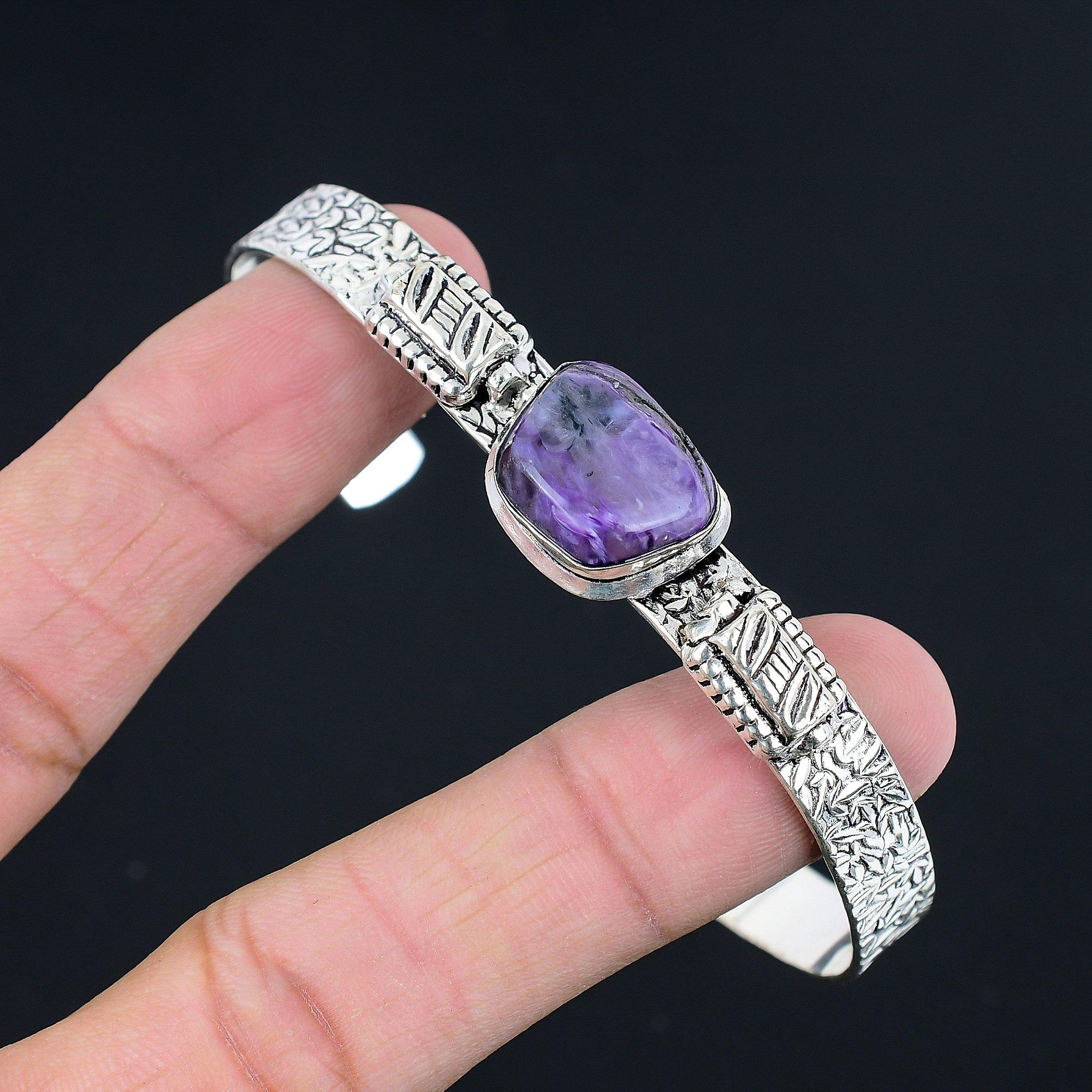 

Sisters Day Sale 925 Sterling Silver Radiant Natural Charoite Daughter Bangle Adjustable