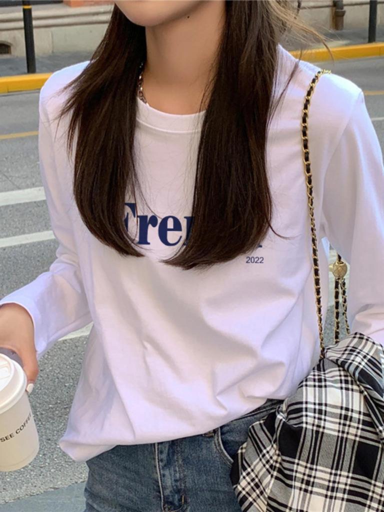 Women's 2025 White Fleece-Lined Cotton Long Sleeve T-Shirt – Loose Fit Inner Wear for Spring