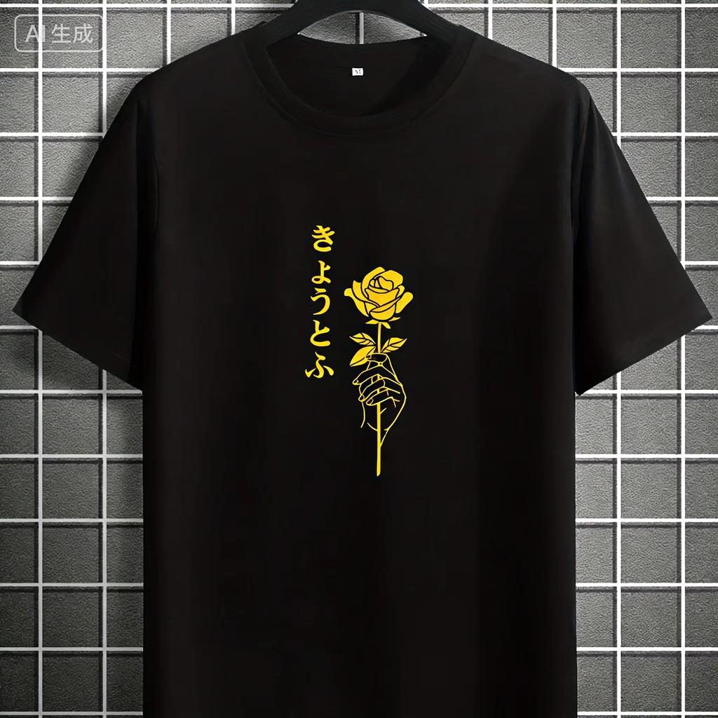 Summer Unisexs Adult American Style Rose Flower Print Cotton Breathable Shortsleeved Simple Tshirt Loose And Comfortable