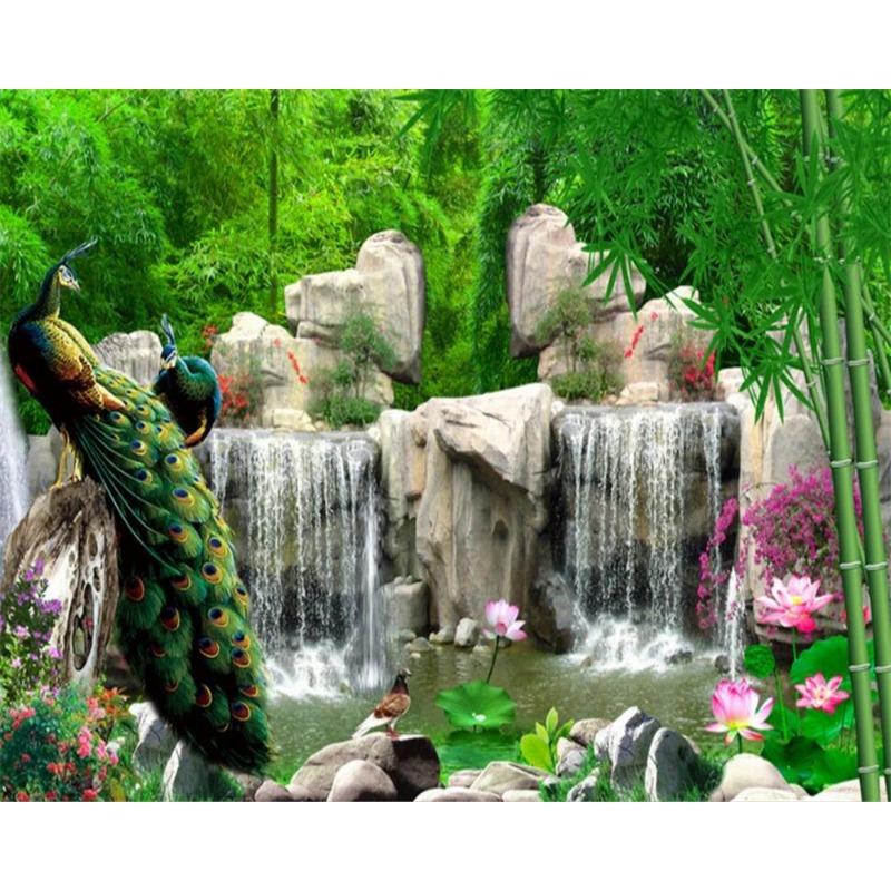 Wallpaper Peacocks Lotus Waterfall Bamboo Wallpaper Household Decor 3d Wallpaper Mural