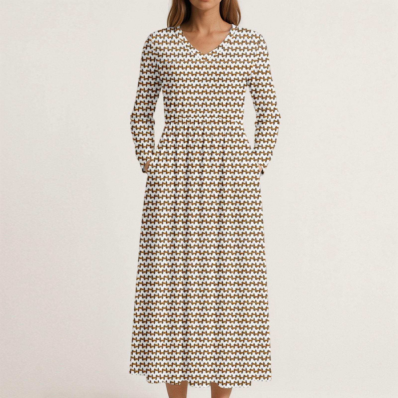 

Платье для женщин длинное бохо пляжное платье элегантное макси-платье V-образный вырез длинный рукав платье с карманами M бежевый