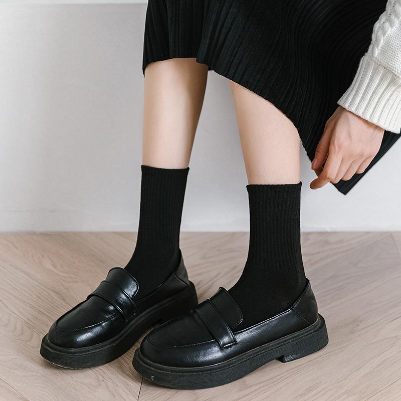 Mid-Calf Black & White Socks: Autumn/Winter Solid Color & Summer Thin Long Jk Styles