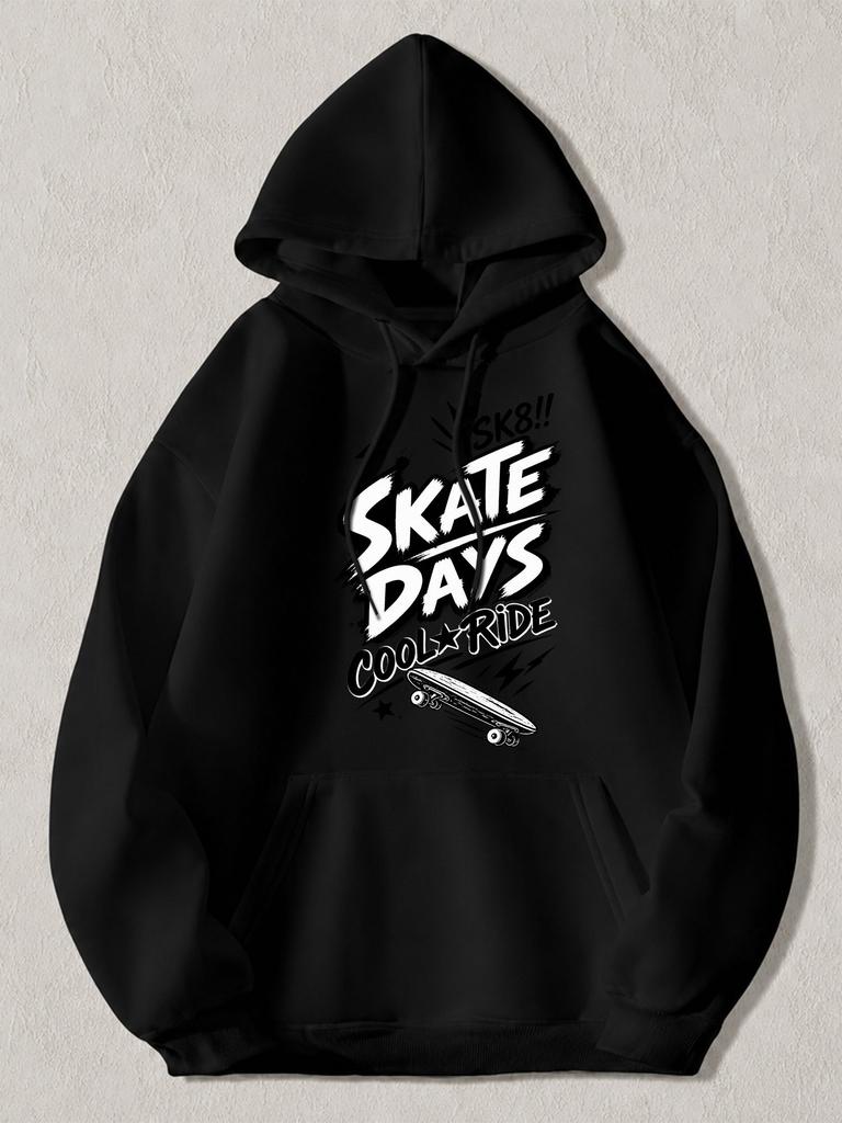 Black Pullover Hoodie with Skate Days Cool Ride Graphic SK8 Streetwear Sweatshirt with Kangaroo Pocket for Casual Wear
