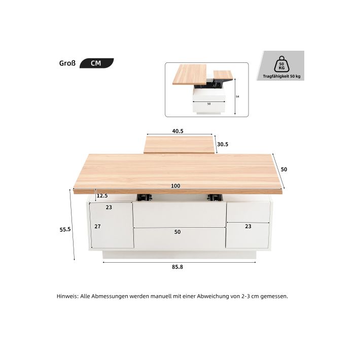 Moderner Couchtisch - MUVOE - Doppelter Hubmechanismus - Versteckter Stauraum - Max. Belastung. 50kg