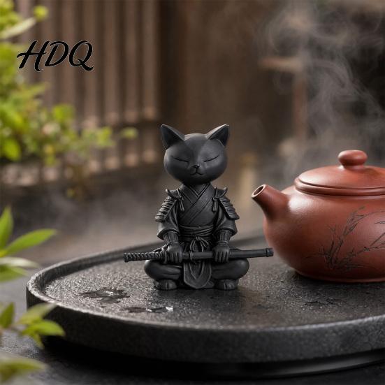Cat Themed Home Decor 3D Printed Knight Figurine Meditating Desk with Zen
