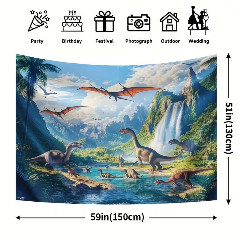Realistic Dinosaur Tapestry, 150x100cm Prehistoric Waterfall & Mountain Wall Decor for Boys Room & Birthday Party