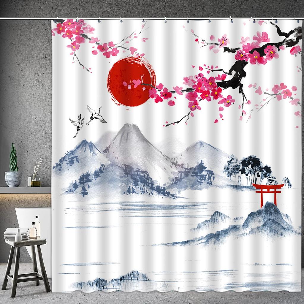 Asian Shower Curtain Japanese Traditional Black and White Mt. Fuji Cherry Blossom Fish Waves Red Sun Octopus Bathroom Decoration