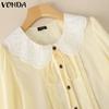 VONDA Women Lace Lapel Neck Long Sleeve Ruffled Pleating Casual Elegant Blouse