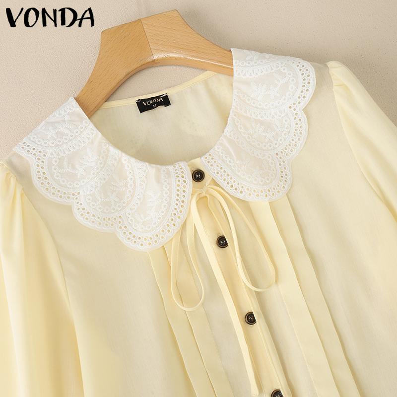 VONDA Women Lace Lapel Neck Long Sleeve Ruffled Pleating Casual Elegant Blouse