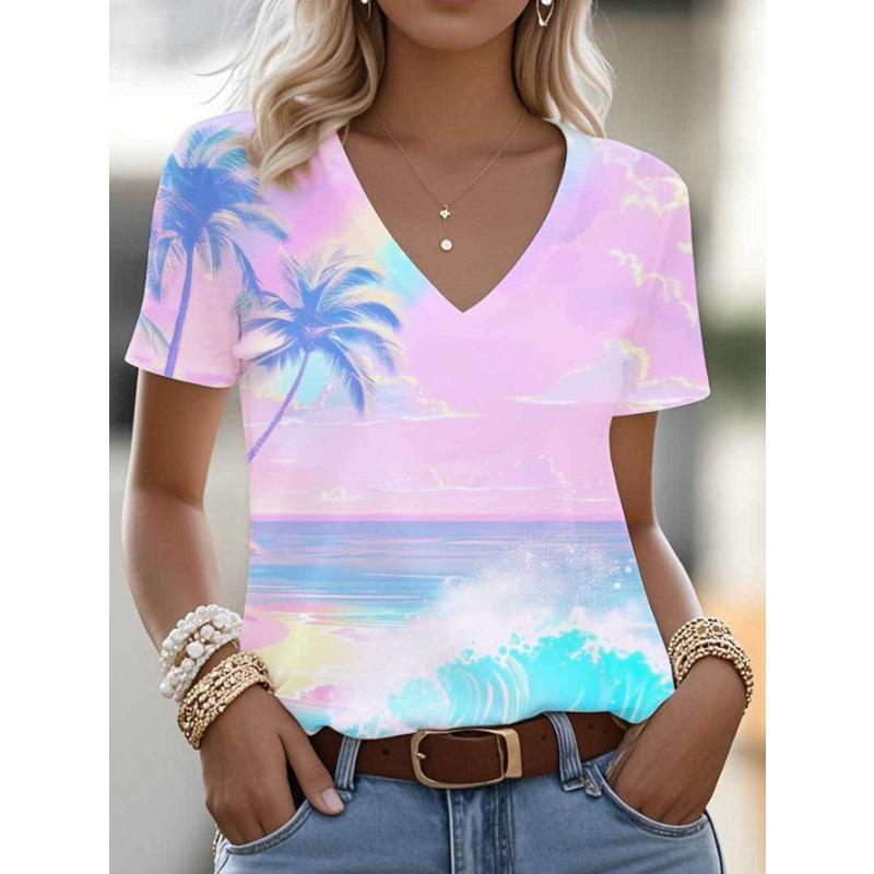 Casual Short-Sleeve V-Neck T-Shirt for Women Featuring a 3D Print of Palm Trees And Ocean Waves S
