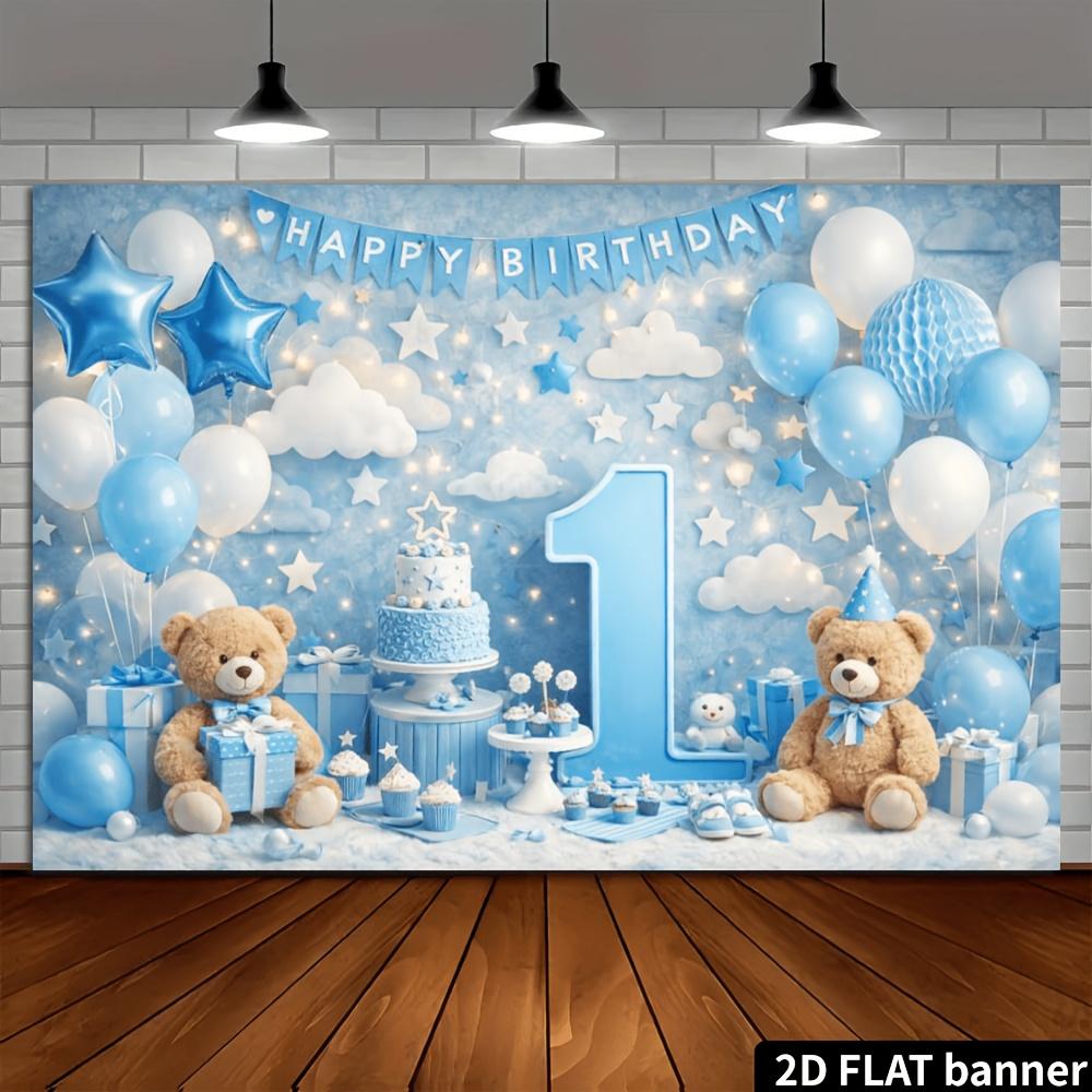 2D Ebene Doppel Babybären Blau und Weiß 1. Geburtstag Hintergrundtuch - Doppel Babybär Puppen Design
