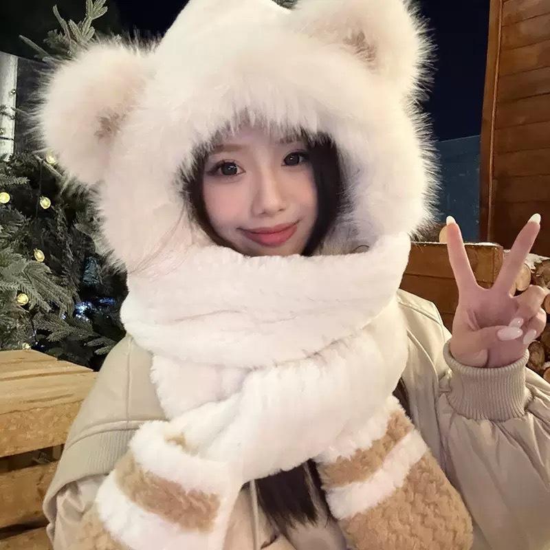 Cute bear ear hat, scarf, and gloves all-in-one, warm and cold-proof, thick plush ear protection cycling hat for women in autumn and winter