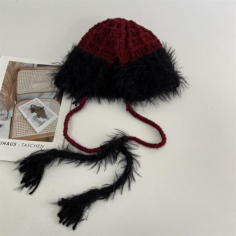 Cute Contrasting Colors After Opening Warm Loli Hat Autumn and Winter Girls College Style Fashionable Sweet Strap Cold Hat