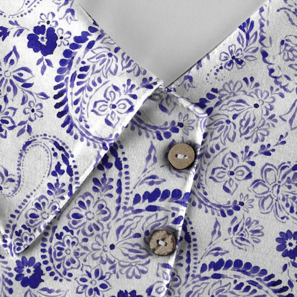 Women's Casual Fashion Printed Long Sleeve Lapel V Neck Button Pullover Top