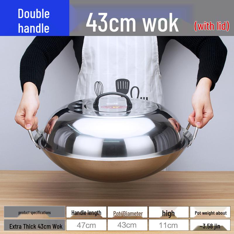 Extra Thick Non-Magnetic Stainless Steel Wok, 34-100cm Round Bottom with Double Ears for Commercial Use