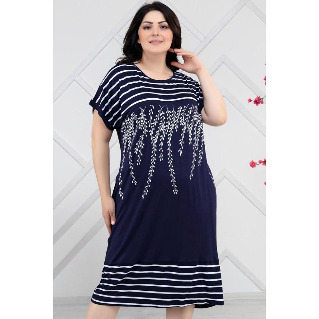 Round Collar Olive Branches With Striped Block Short Sleeve Comfortable Dress