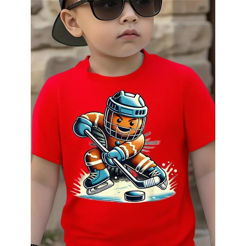 Boys Summer Crew Neck Short Sleeve T-Shirt with Cartoon Hockey Player Print