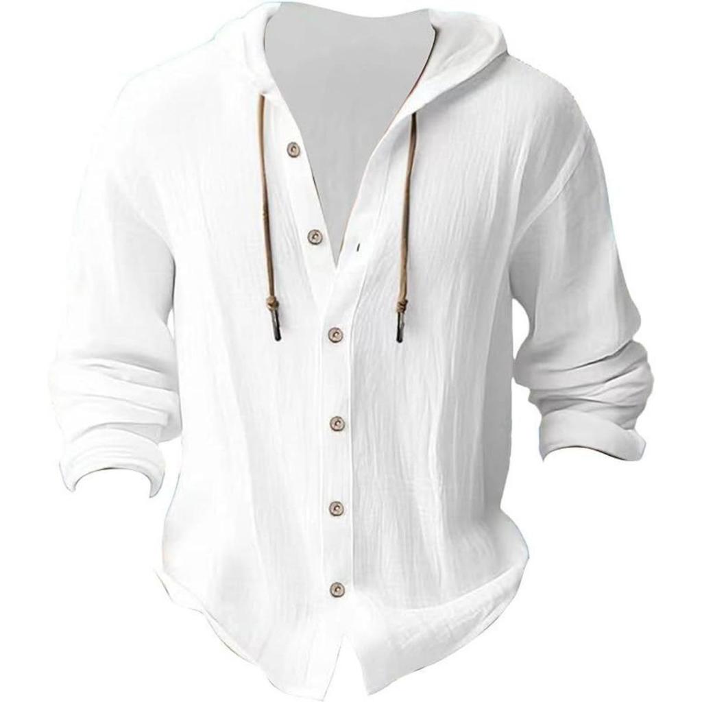 Spring and Summer Men's Hooded T-shirt Solid Color Cotton Linen Men's Casual Long Sleeved Top