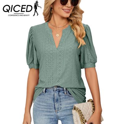 Letni Casualowy Dekolt w Serek Jednolity Kolor Ażurowy Bufiasty Rękaw Luźny T-shirt Top Kobieta