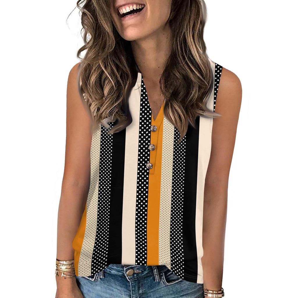 Women's Casual Fashion Summer Color Block Stitched Print Tank Top V-neck Sleeveless Button Top