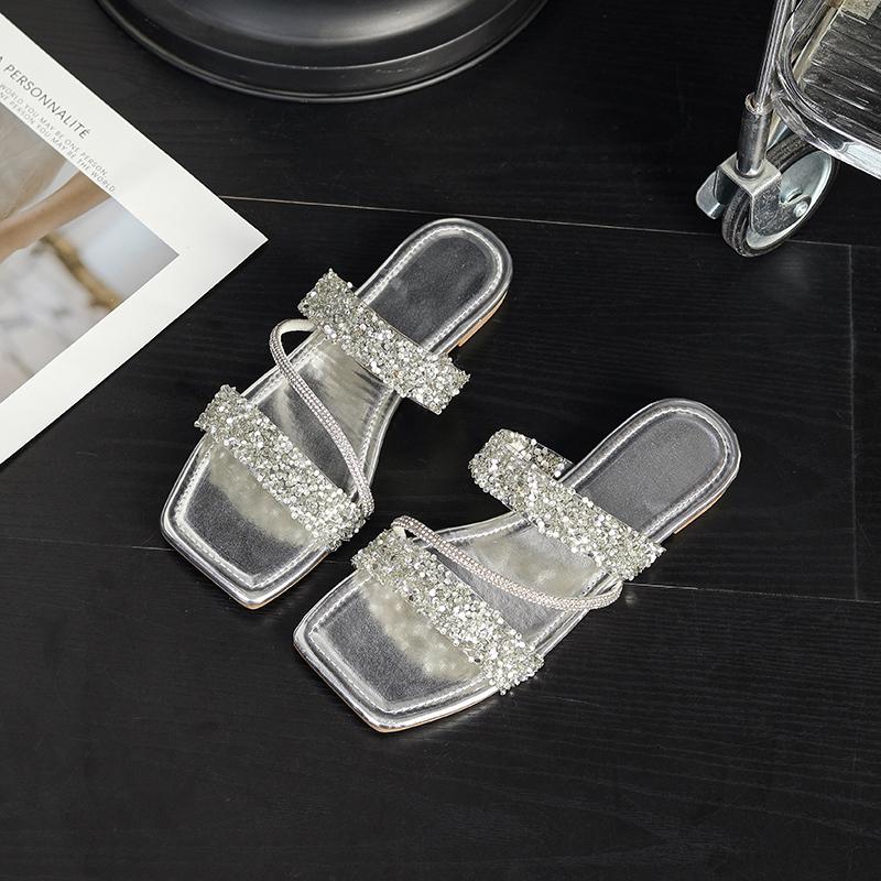 2026 Stylish European & American Silver Rhinestone Square Toe Flat Slides - Versatile Women's Summer Sandals