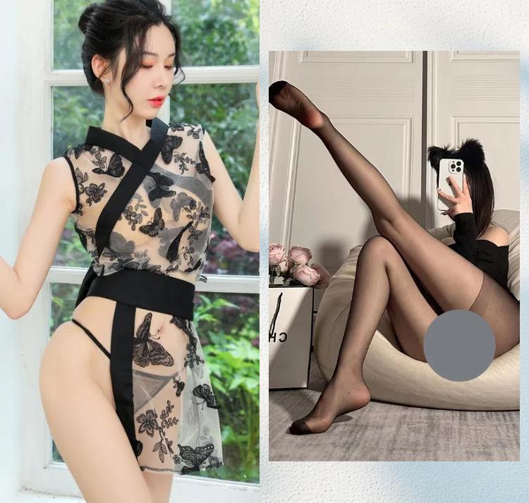 Sex underwear waist seal slit jade butterfly love flower kimono cheongsam perspective sexy underwear beautiful embroidery mesh yarn