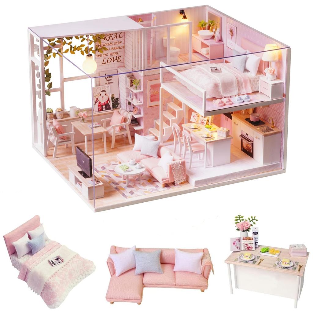 CUTRROOM DIY Miniature Wooden Dollhouse Handmade Mini House Kit with Furniture Scale Creative with Music Dustproof and LED Lights Kit, - 124 Gift,