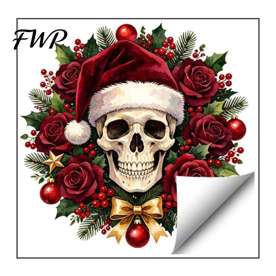 Holiday Window Clings for Glass Christmas Skull Wall Decal, Removable PVC Sticker with Santa Hat Rose Party Decor Design, Dark Bedroom Living