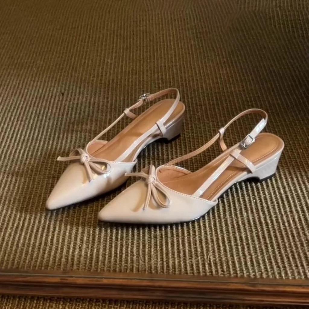 Pointed French bow one-word buckle with bag head sandals women's rear empty light mouth versatile thick heel single shoes