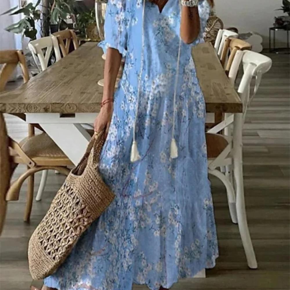 Summer Women V-neck Short Sleeved Long Dress Elegant Flower Printed Women's Loose Dress Bohemian Style Women's Clothing