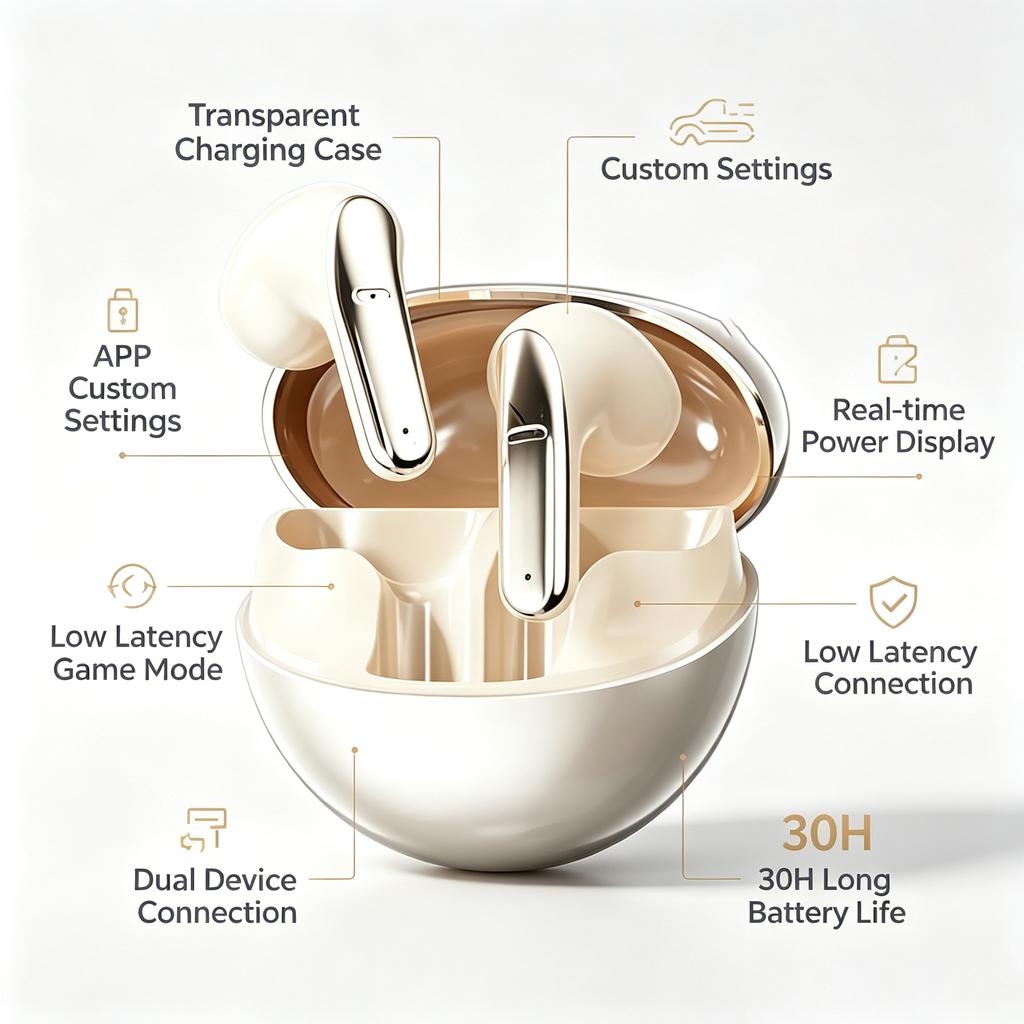 Good Selling Mini Half In-ear Earphones Support EQ Custom OTA Upgrade Dual Device Connection Wireless Earbuds