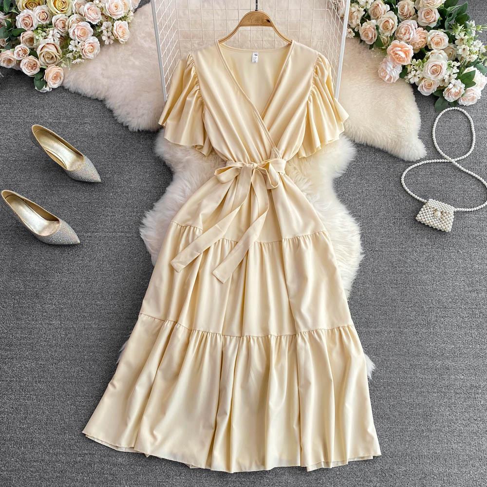 Summer gentle wind temperament V-neck bubble short-sleeved pleated waist thin a-word dress super fairy pendulum long skirt