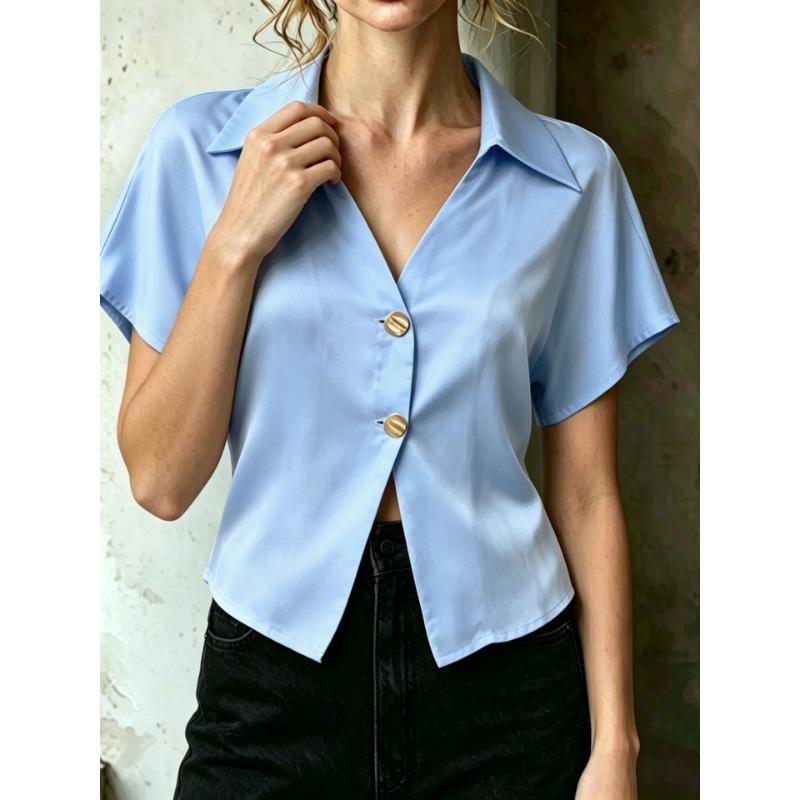 

Womens Satin V Neck Short Sleeve Blouse With Decorative Buttons Casual Cropped Office Top XXL небо синє кольору