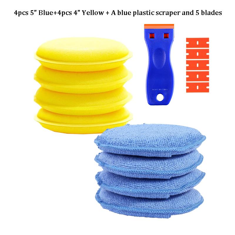 Mikrofibrowe aplikatory wosku ze skrobakiem Gąbki polerskie do samochodu do detailingu polerowania czyszczenia (5" Niebieski 4" Żółty)