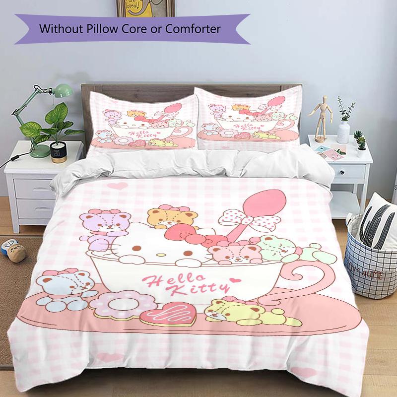 3pcs Sanrio Hello Kitty & Colorful Bear Bedding Set 1 Soft Quilt Cover + 2 Pillowcases, Machine Washable Suitable for All Seasons, Perfect Gift W096