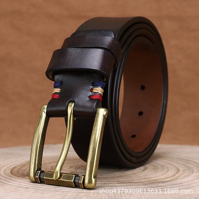 3.8Cm Wide Fashion Trend First Layer Pure Cowhide Belt Men'S Genuine Leather Copper Buckle Smooth Belt
