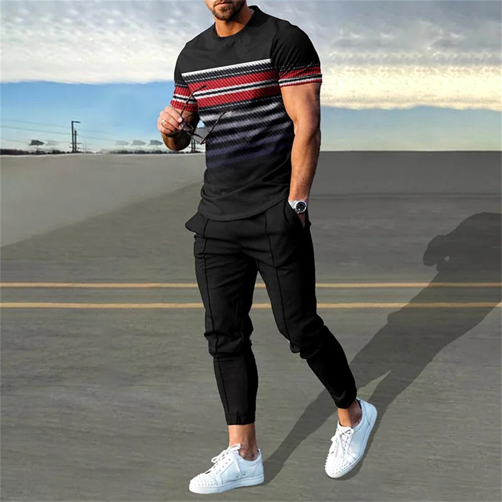 Men's Trousers Tracksuit 2 Piece Set Fashion Casual Sportswear Summer Short Sleeve T Shirt Long Pants Clothing
