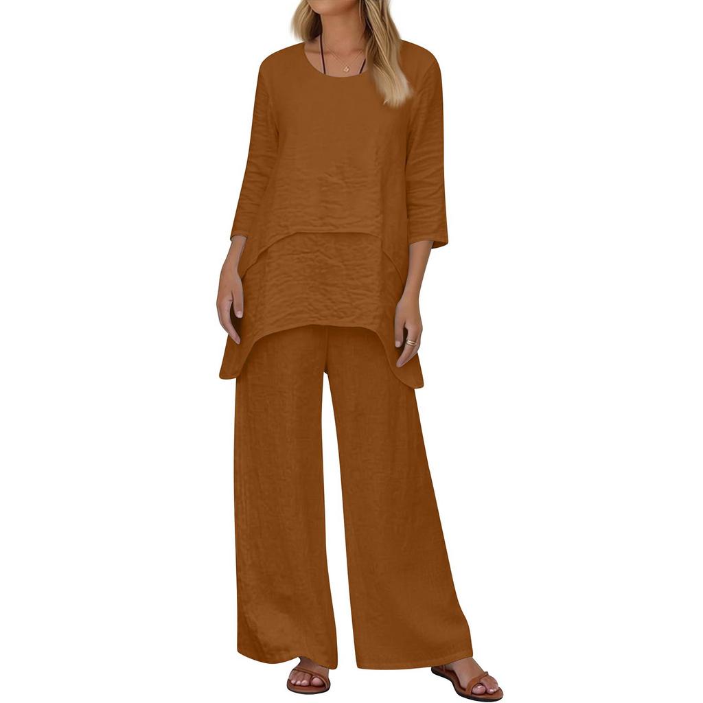 Women's 2-Piece Set: Stylish Casual Round-Neck Loose-Fit Top + Wide-Leg Pants