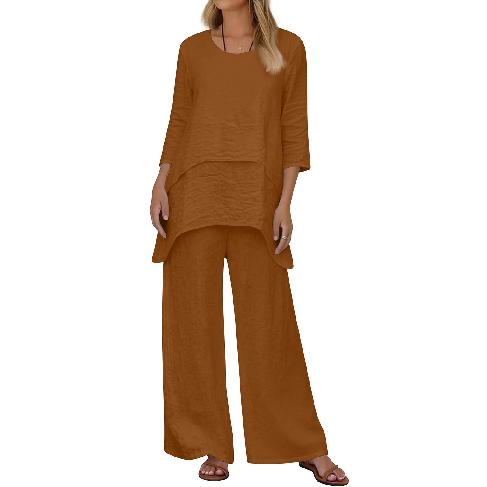 

Women s 2-Piece Set: Stylish Casual Round-Neck Loose-Fit Top + Wide-Leg Pants L хакі