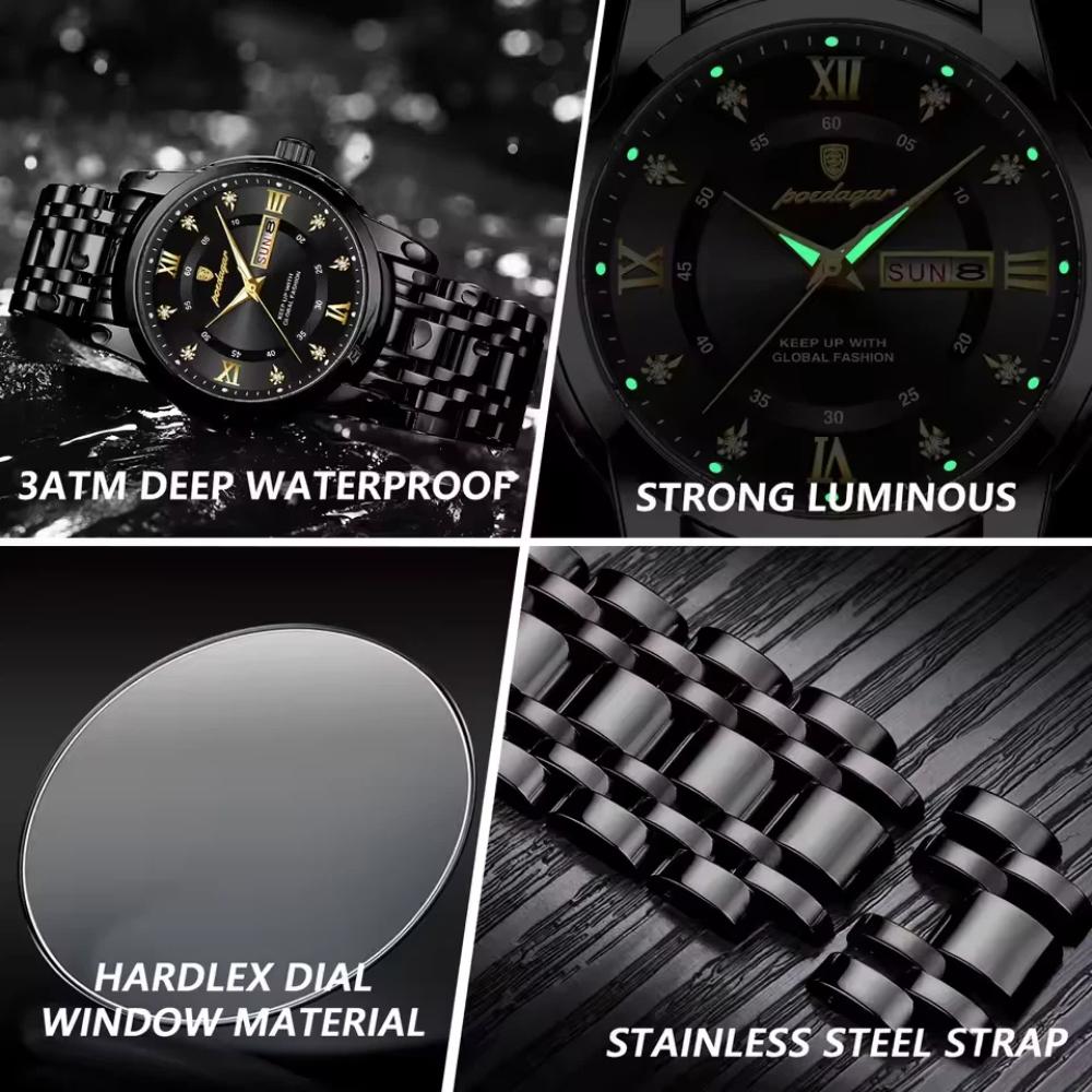 POEDAGAR Sport Casual Man Wristwatch Waterproof Stainless Steel Luminous Original Watch Date Week Quartz Watches Reloj