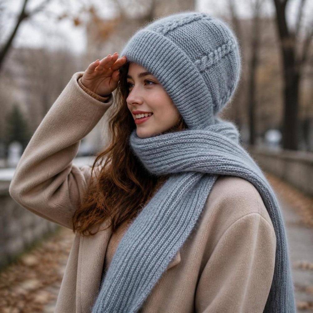 Solid Color Knit Beanie Scarf Soft Stretch Knit Beanie With Scarf  Street Style