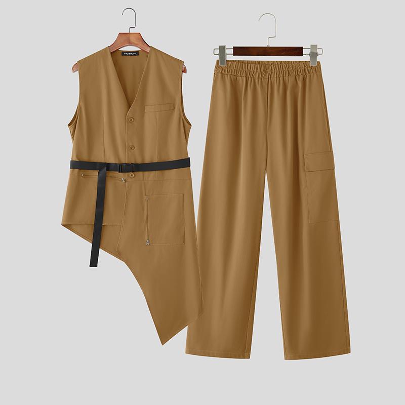 INCERUN Men Sleeveless Buttons Irregular Tops and Long Loose Pants Outfits Sets