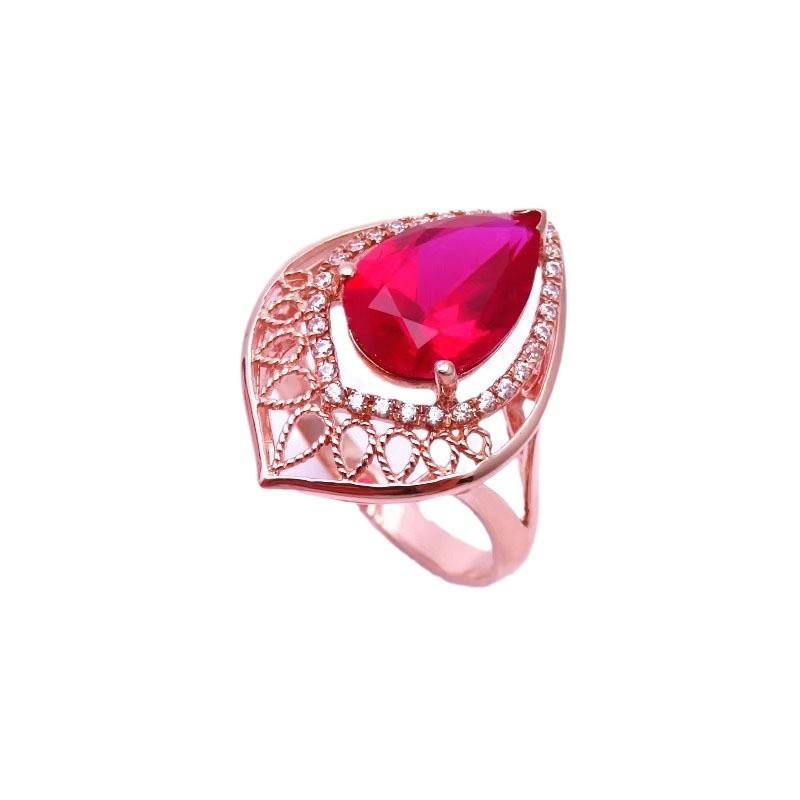 Russian Purple Gold European And American Luxury Ruby Ring Plated Rose Gold Water Drop-Shaped Hollow Ring Women'S
