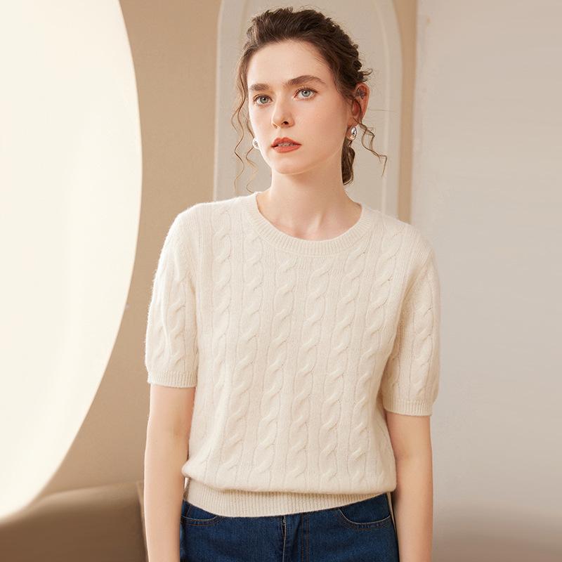 Women's Thick Short-Sleeved Cable Knit Cashmere Sweater - Round Neck Pullover, Autumn/Winter Top