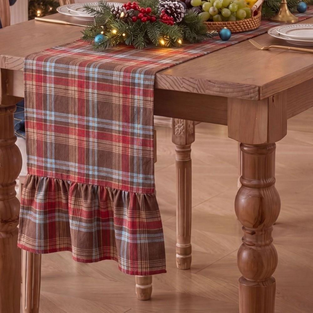 Rustic Style Plaid Table Runner Double Ended Lotus Leaf Edge Ruffle Edge Table Flag Restaurants