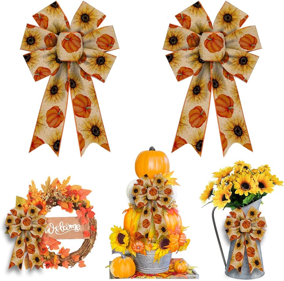 

2PCS Fall Bows for Wreath Thanksgiving Harvest Orange Rustic Farmhouse Ornaments Pumpkin Sunflower Decor Bows for Thanksgiving 12.99 x 8.46 in