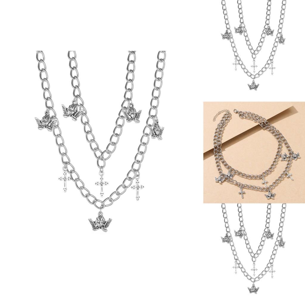 Elegant Angel Cross Necklace For Women Featuring Stylish Double Layer Design In Alloy